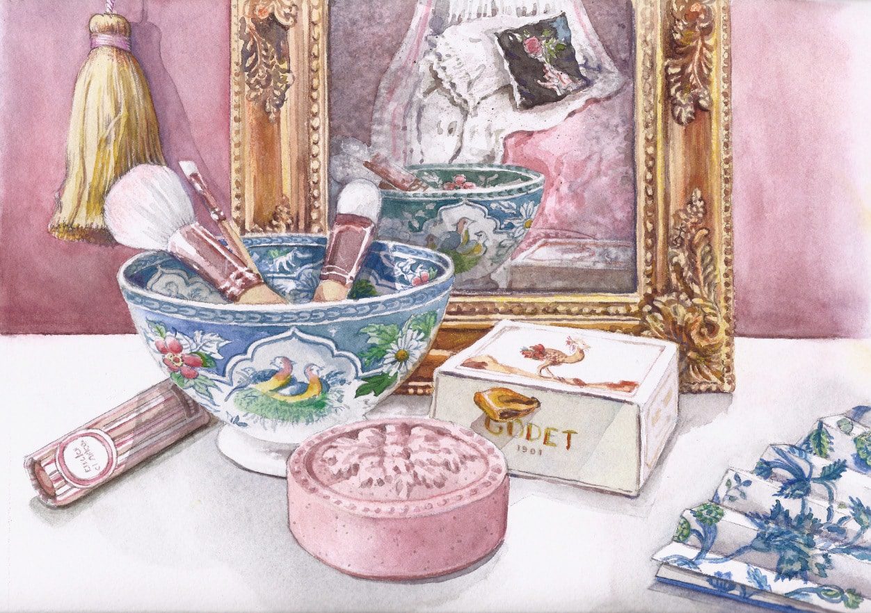 Stylish French Box watercolor still life- Ann Kissane Engelhart- A Box Immortalized in Watercolors
