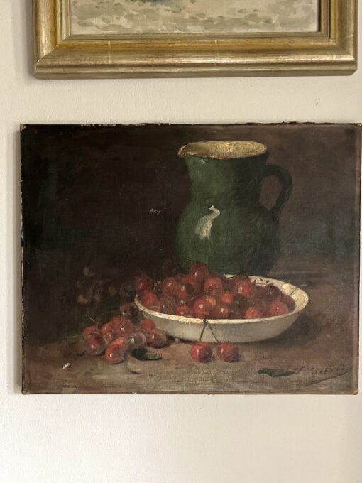 Antique Painting of Cherries with a Jug