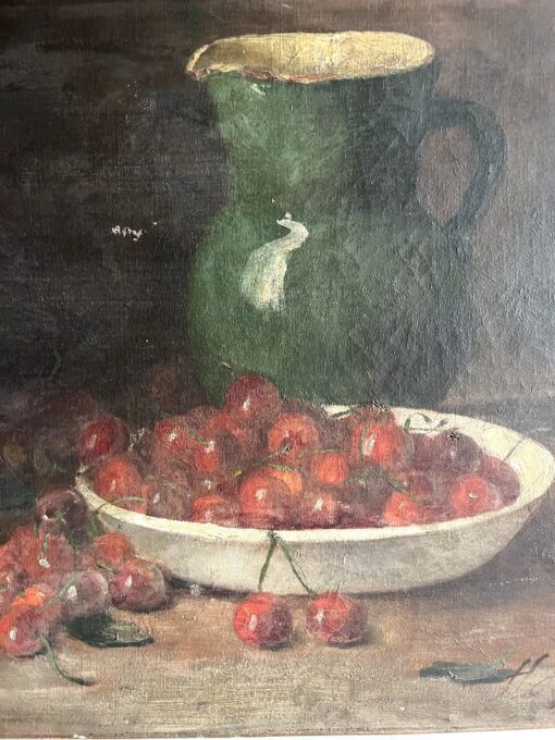 Antique Painting of Cherries with a Jug