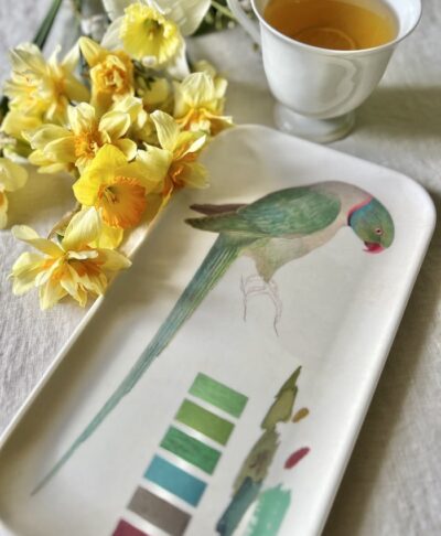 tray with parrot design and flowers