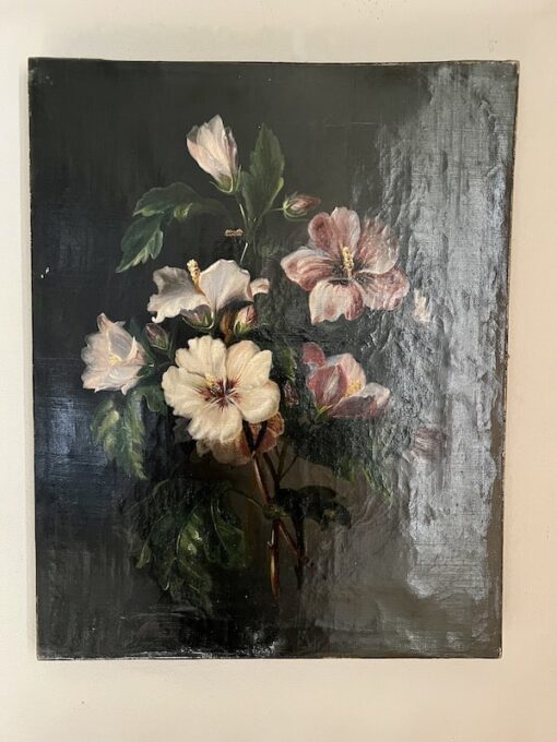 painting of hibiscus flowers on dark background